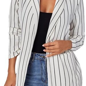Striped Open Front Blazer Jacket - White/Black